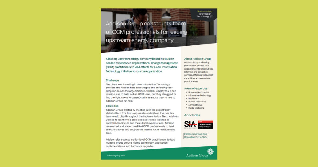 Addison Group Success Story for the Information Technology Vertical about OCM professionals
