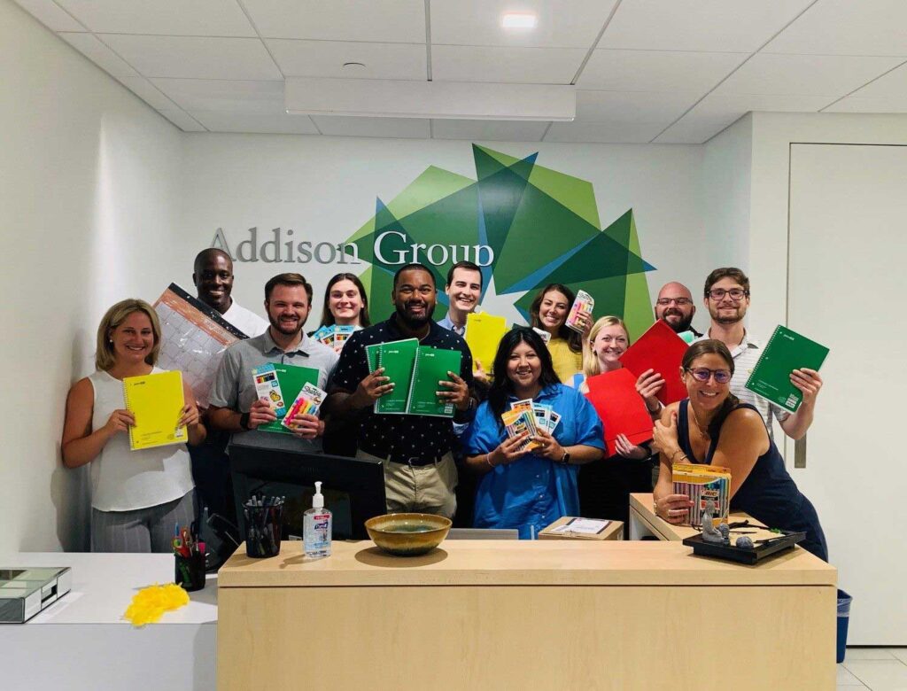 Addison Group Washington D.C. office donating school supplies