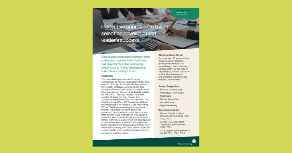 Addison Group finance and accounting vertical success story about innovative approach to talent selection