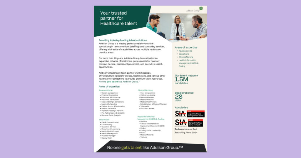 Addison Group informational handout about being a trusted partner for healthcare talent