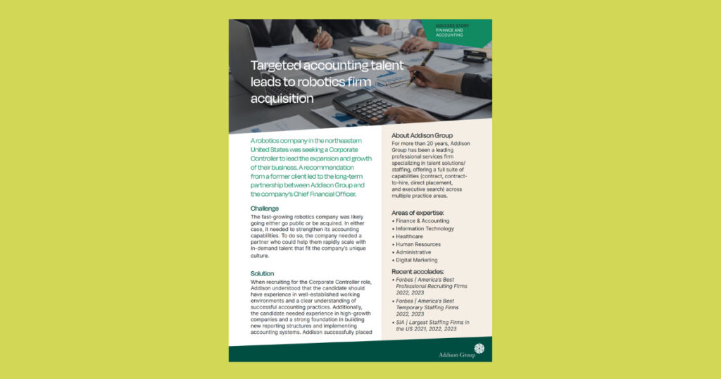 Addison Group Finance and Accounting Success Story about Targeted Accounting Talent Leads to Robotics Firm Acquisition